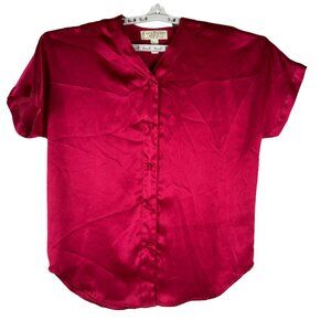 Erika Taylor Intimates Womens Red Satin Button-Up Short Sleeve Blouse Size L